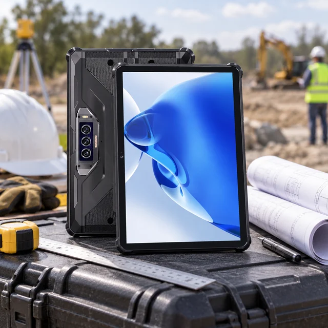 10 Inch Rugged Tablets in a representative tablet of the actual reference size on a supported engineering work case beside a ruler and rolled plans at a field inspection station setting