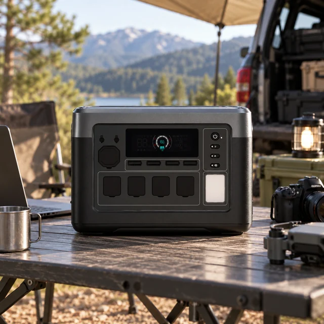 1001-2000W Power Stations in a representative mid-sized portable power station on a stable table at an off-grid work campsite setting