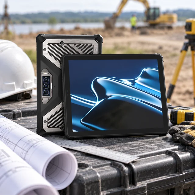 11 Inch Rugged Tablets in a representative tablet of the actual reference size on a supported engineering work case beside a ruler and rolled plans at a field inspection station setting