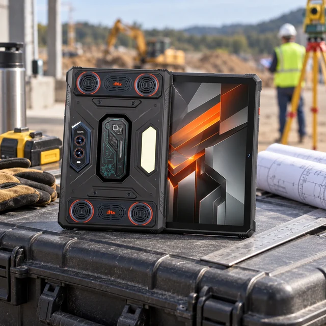 12-13 Inch Rugged Tablets in a representative tablet of the actual reference size on a supported engineering work case beside a ruler and rolled plans at a field inspection station setting