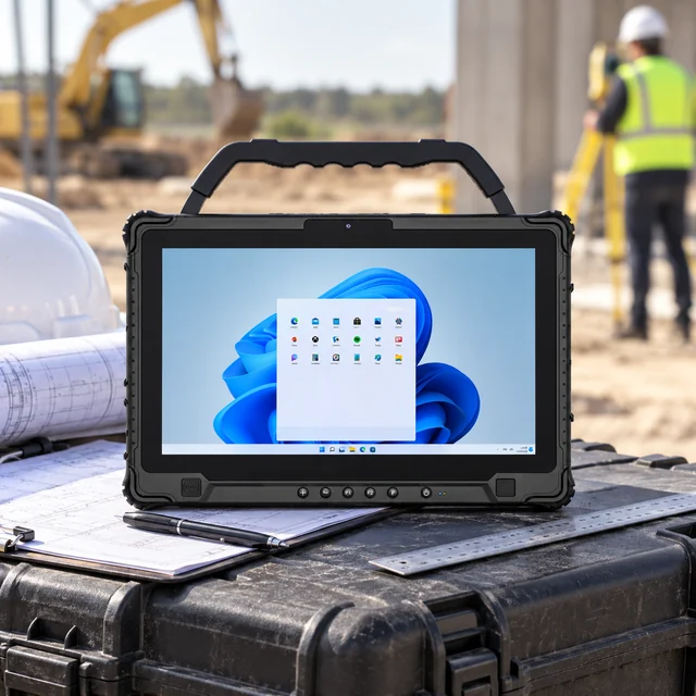 14 Inch & Larger Rugged Tablets in a representative tablet of the actual reference size on a supported engineering work case beside a ruler and rolled plans at a field inspection station setting