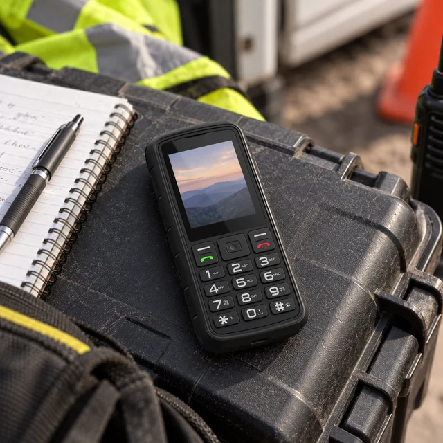 4G Feature Phones in a representative keypad phone on a utility technician work case beside a dispatch notebook setting