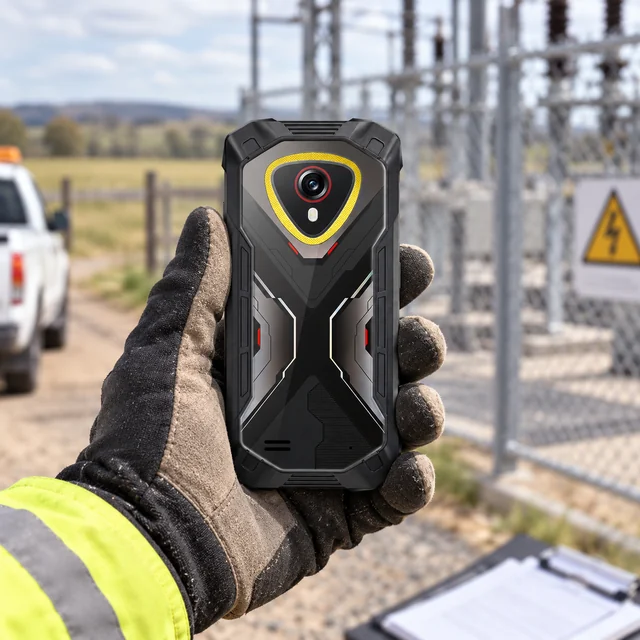 4G Rugged Phones in a representative rural utility inspection beside a fenced substation setting