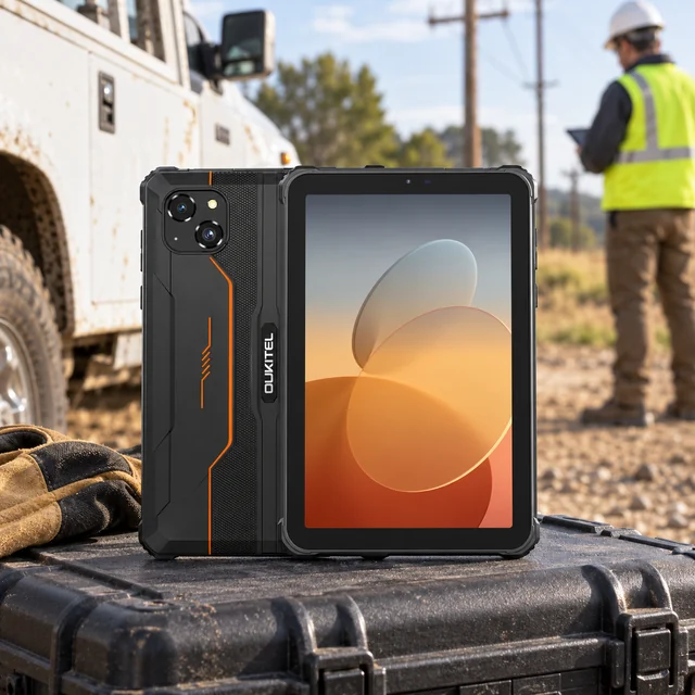 4G Rugged Tablets in a representative mobile field tablet securely supported on an inspection case beside a rural utility work vehicle setting