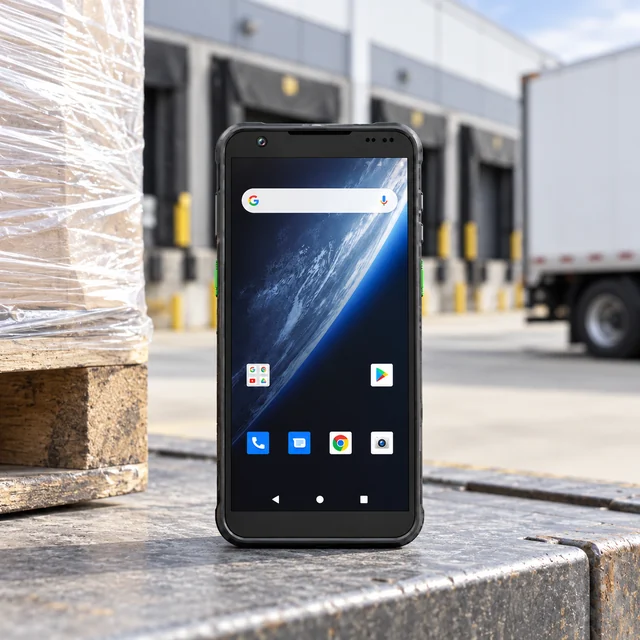 5G Mobile Computers in a representative mobile industrial computer outside a modern logistics loading dock setting