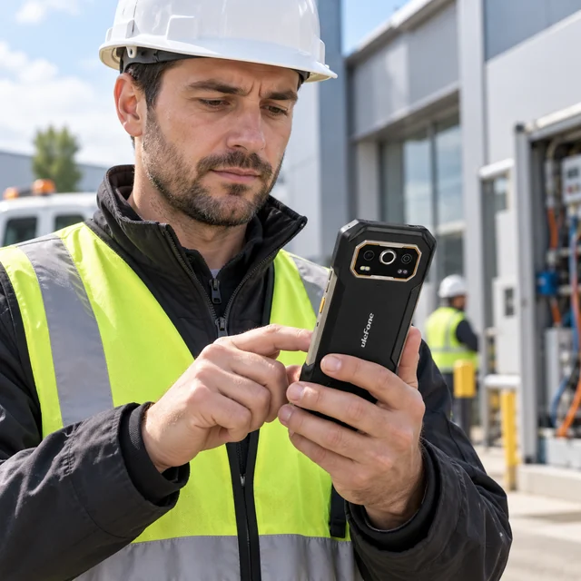 5G Rugged Phones in a representative technician checking a mobile field report outside a modern industrial building setting