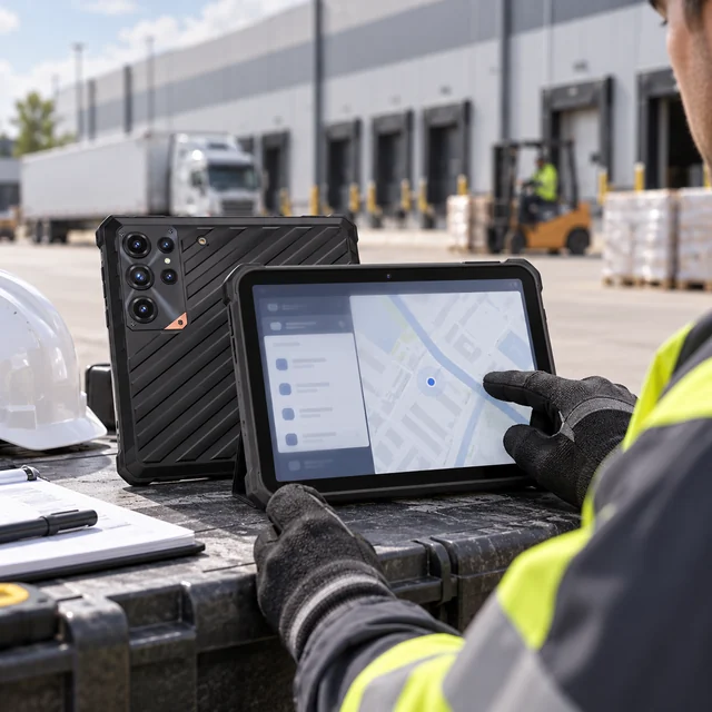 5G Rugged Tablets in a representative reinforced tablet on a survey workstation outside a modern industrial logistics facility setting