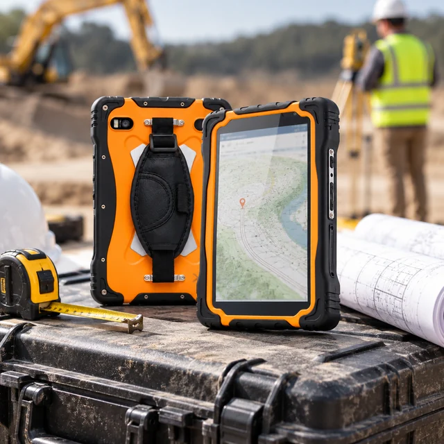 7 Inch Rugged Tablets in a representative tablet of the actual reference size on a supported engineering work case beside a ruler and rolled plans at a field inspection station setting