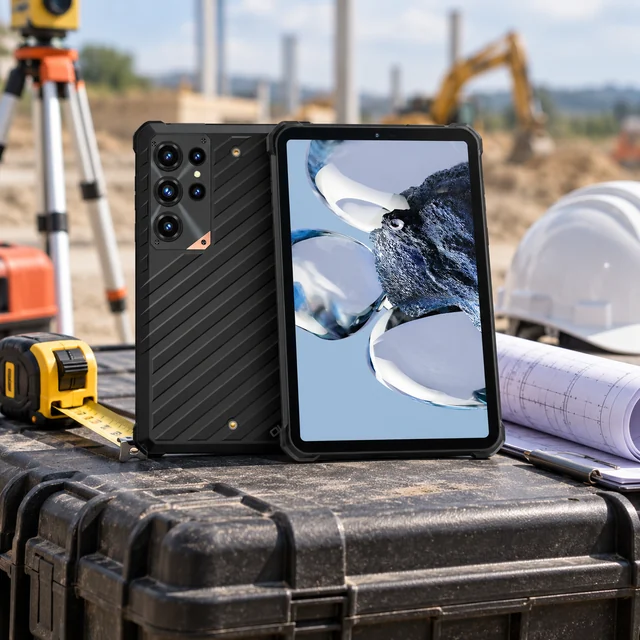 8 Inch Rugged Tablets in a representative tablet of the actual reference size on a supported engineering work case beside a ruler and rolled plans at a field inspection station setting