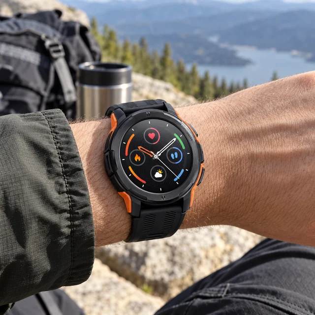 AMOLED Smartwatches in a representative smartwatch on a realistic wrist during an outdoor rest stop setting