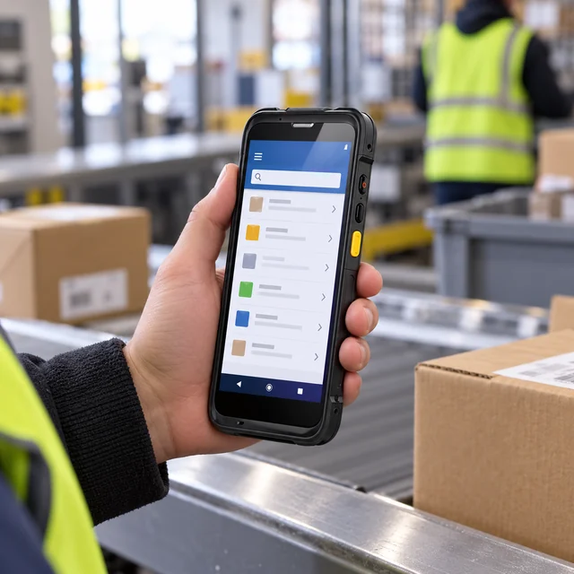 Android Handheld PDAs in a representative reinforced PDA at a parcel sorting workstation with a generic inventory screen setting