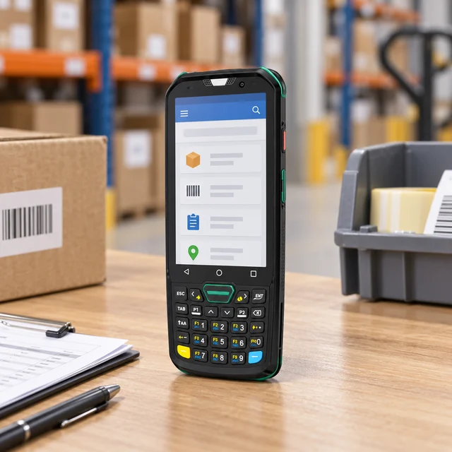 Android Mobile Computers in a representative mobile industrial terminal at an organized warehouse picking desk with a generic app screen setting