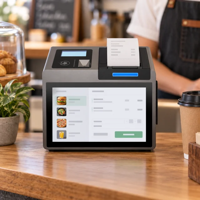 Android POS Terminals in a representative an Android-style POS device on a small shop checkout counter with a generic receipt interface setting