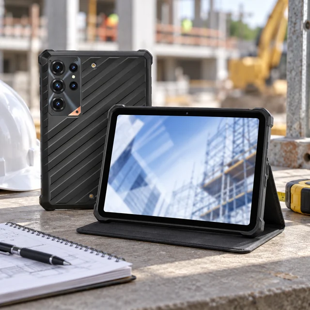 Android Rugged Tablets in a representative reinforced tablet on a stable case beside a site supervisor notebook at a building inspection station setting