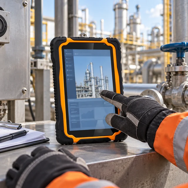ATEX Tablets in a representative reinforced tablet at a controlled process plant service station with safety gloves setting