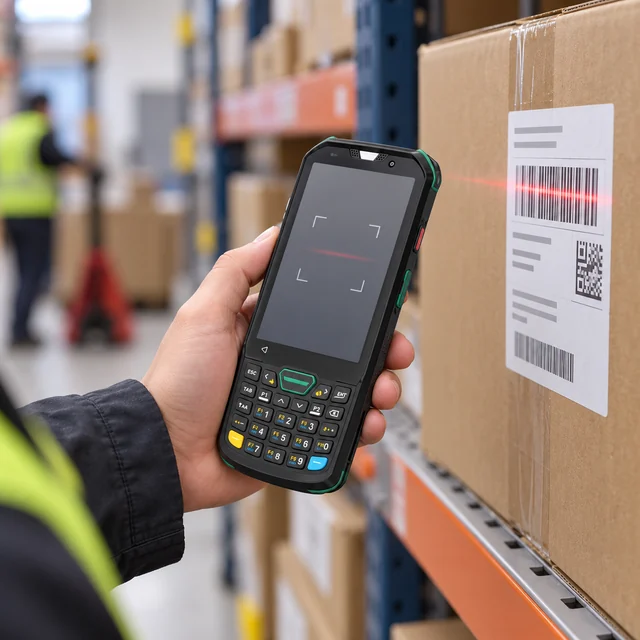 Barcode-Ready Mobile Computers in a representative mobile computer with a plausible integrated scan engine positioned near a carton label setting