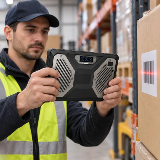Barcode Rugged Tablets in a representative warehouse operator aiming a tablet barcode reader toward a plain carton label at a safe scanning distance setting