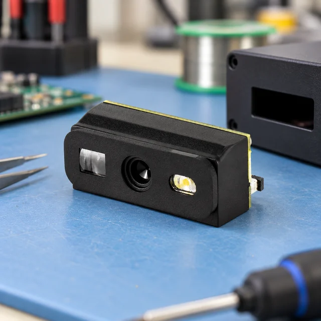 Barcode Scanner Modules in a representative compact scan engine module correctly supported on an electronics integration bench next to a plain enclosure setting