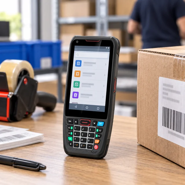 Barcode Scanners in a representative barcode scanner at an organized logistics packing desk beside a labeled carton setting