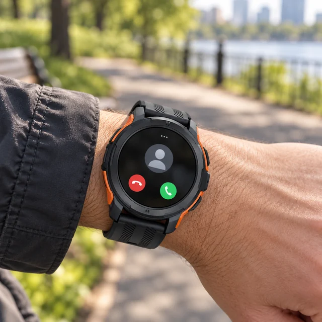 Bluetooth Calling Smartwatches in a representative smartwatch on a commuter wrist near a park path setting