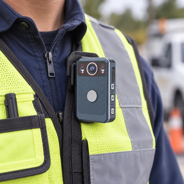 Body Worn Cameras in a representative compact body camera correctly clipped to the chest of a field service vest setting