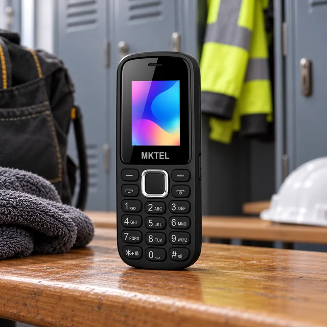 Camera-Free Feature Phones in a representative camera-free physical-keypad phone in a clean secure industrial locker-room setting setting