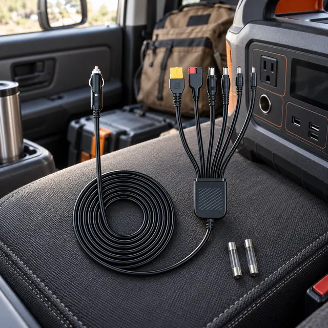 Car Charging Cables in a representative properly matched car charging cable neatly arranged beside a portable power station inside a stationary work vehicle setting