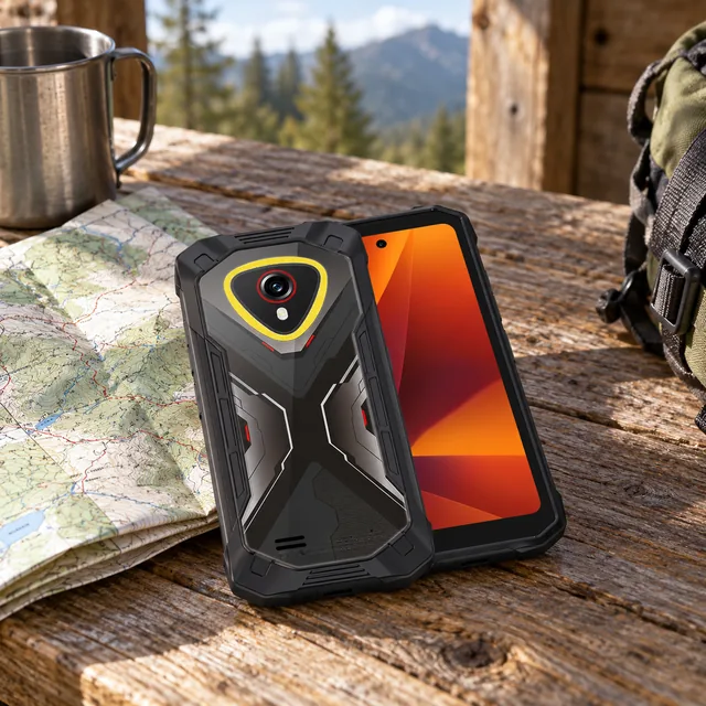 Compact Rugged Phones in a representative compact phone resting beside a folded trail map on a wooden hiking shelter table setting
