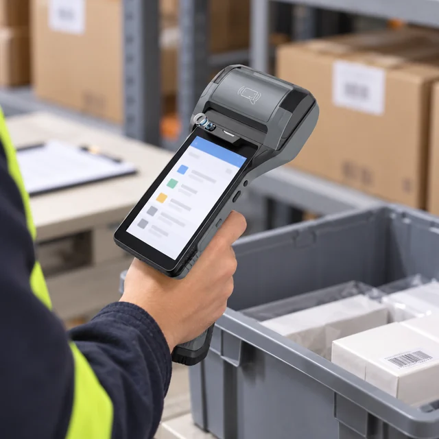 Data Collection Terminals in a representative mobile data collector at an organized stocktaking station with a plain inventory bin setting