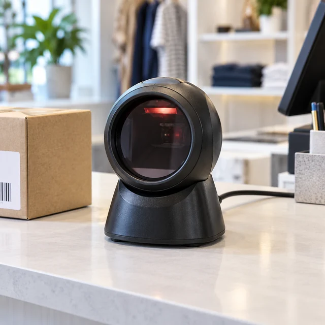 Desktop Barcode Scanners in a representative desktop presentation scanner resting flat at a bright retail counter next to a plain package setting
