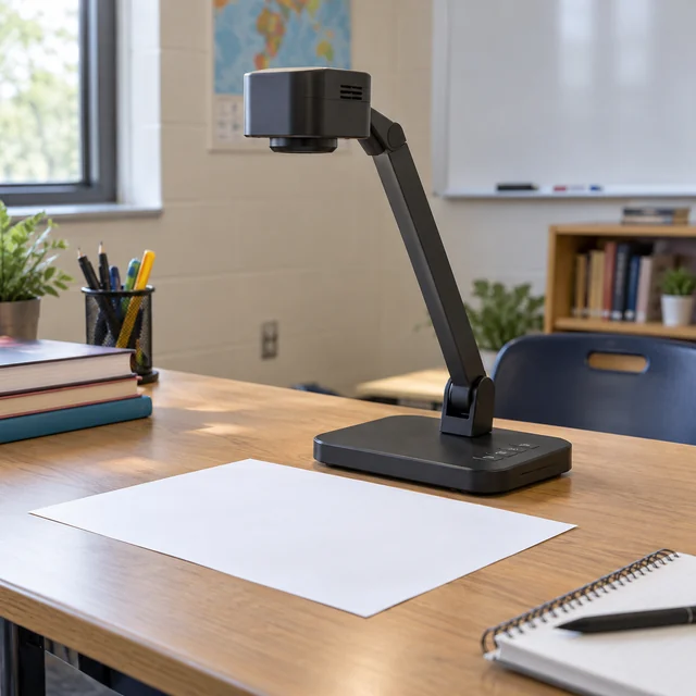 Document Cameras in a representative an overhead document camera firmly supported on its own base above a blank sheet at a classroom desk setting