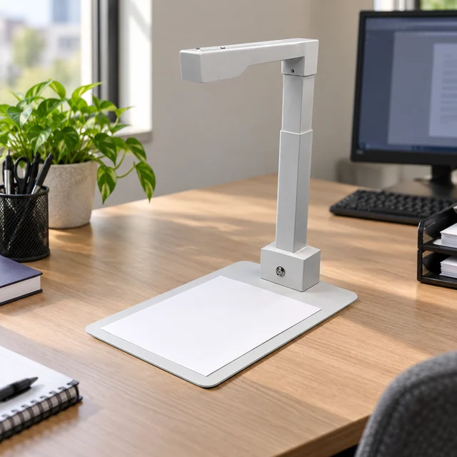 Document Scanners in a representative document scanner on an office document digitization desk with a blank unmarked sheet setting