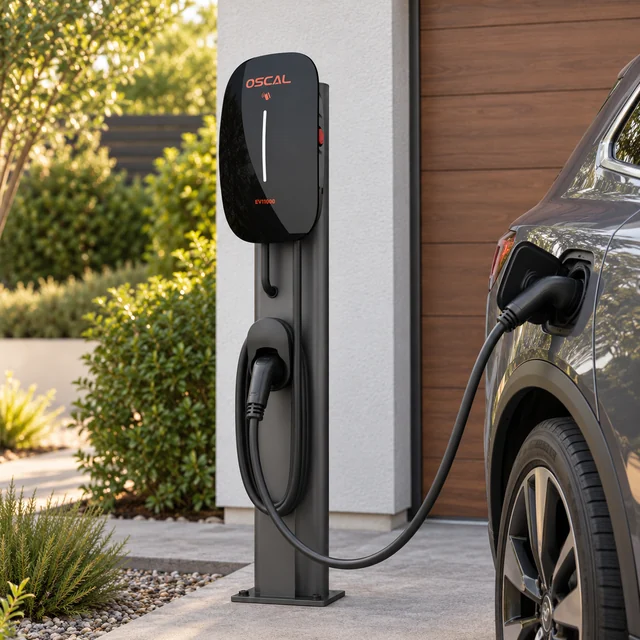 EV Chargers in a representative portable EV charging unit neatly supported beside a parked electric car at a driveway charging point setting