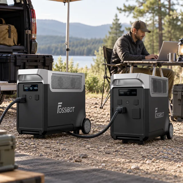 Expansion Batteries in a representative compatible expansion battery beside a portable power station at a sheltered outdoor work camp setting
