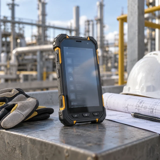 Explosion-Proof Handhelds in a representative protected handheld terminal at a safe plant inspection station beside drawings and safety gloves setting