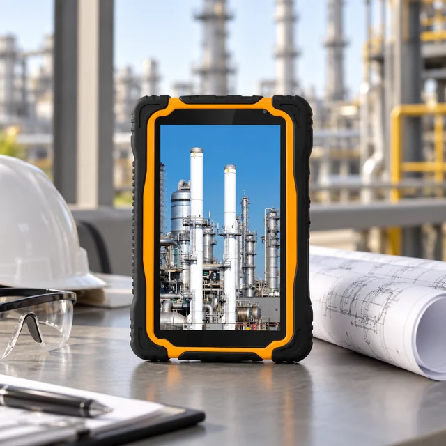 Explosion-Proof Tablets in a representative protected work tablet beside rolled process drawings at a controlled industrial plant inspection desk outside the hazard zone setting