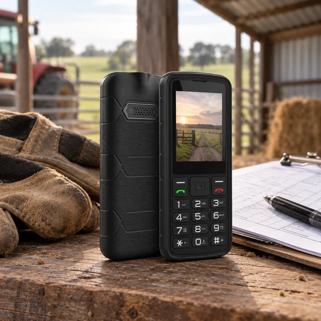Feature Phones in a representative physical-keypad feature phone beside work gloves and a paper route sheet in a rural farm shelter setting