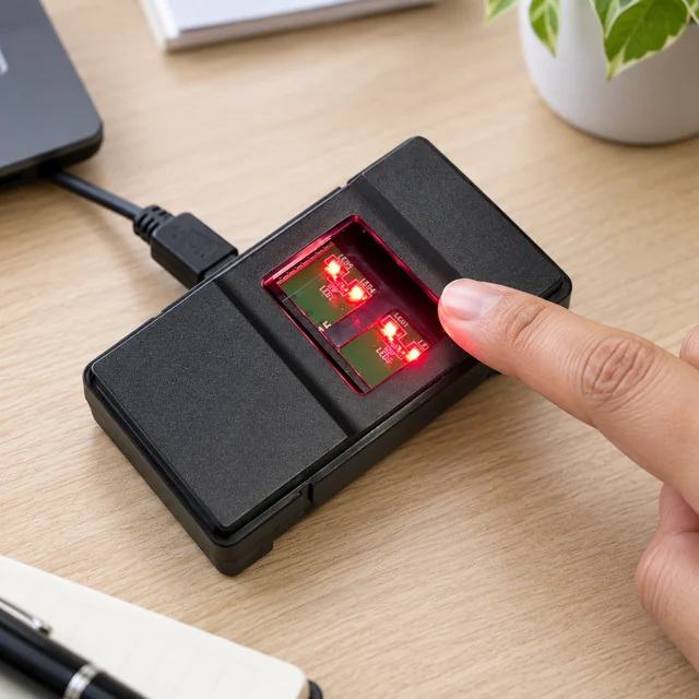 Fingerprint Scanners in a representative standalone fingerprint reader resting on a neutral enrollment desk with an anonymous fingertip near the sensor setting