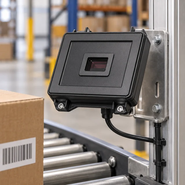 Fixed Mount Barcode Scanners in a representative fixed scanner securely bolted to a supported bracket beside an idle factory conveyor with a carton setting