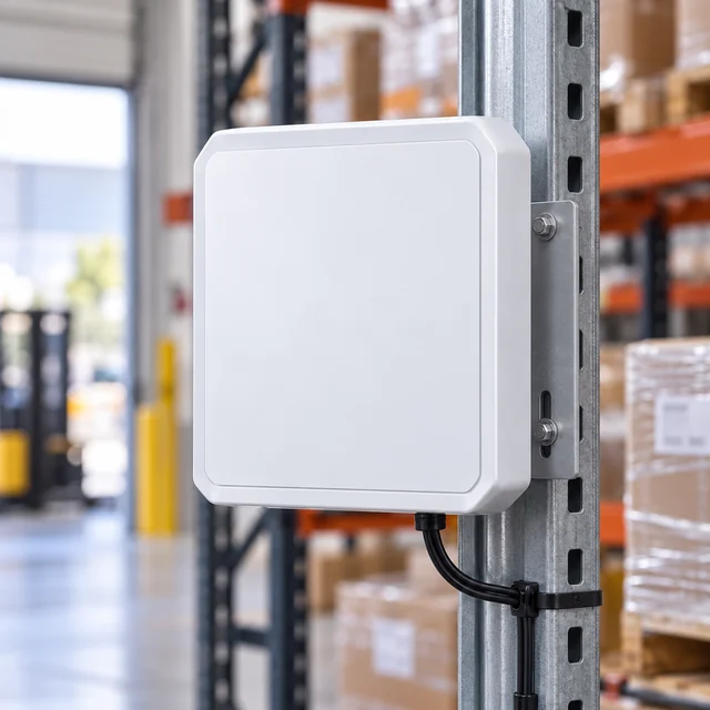 Fixed RFID Readers in a representative fixed RFID reader correctly installed on an industrial shelf gateway bracket with tidy cables setting