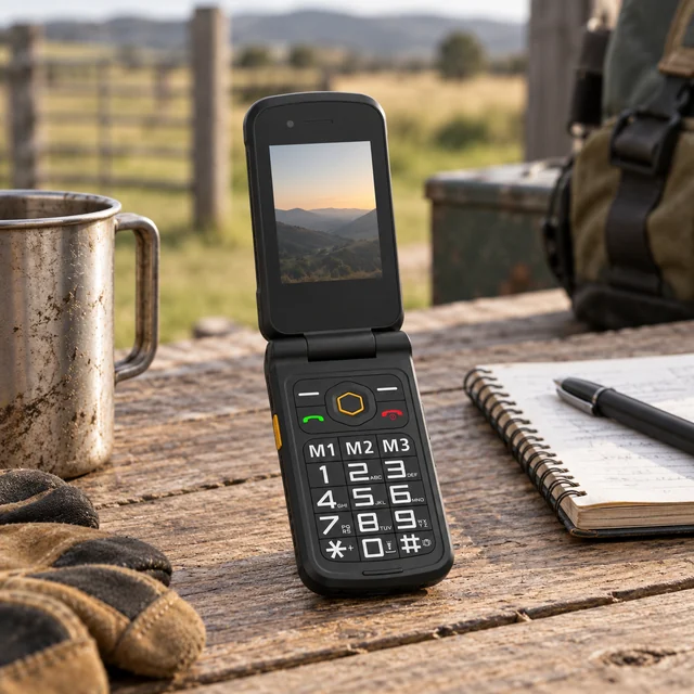 Flip Phones in a representative an open clamshell flip phone on a rural outdoor work table beside a small notebook setting