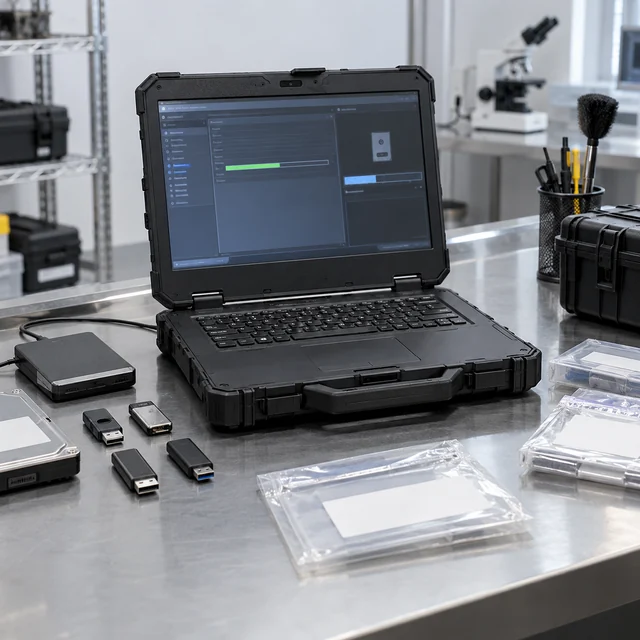 Forensic Computers in a representative portable forensic workstation on a controlled laboratory evidence desk with blank sealed storage media setting