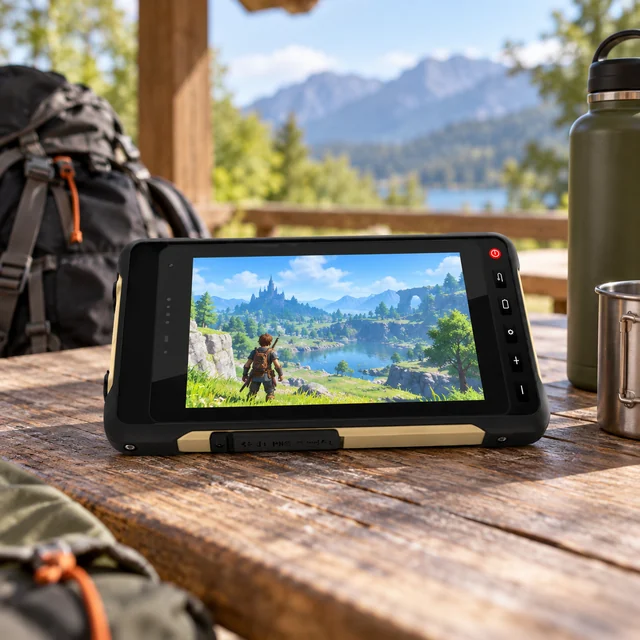 Gaming Rugged Tablets in a representative reinforced tablet on a picnic shelter table during an outdoor rest break setting