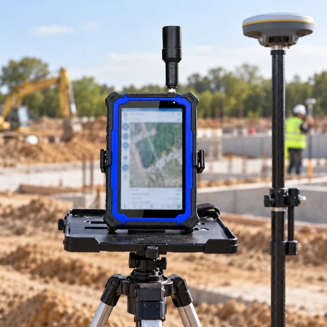 GNSS RTK Rugged Tablets in a representative surveying tablet on a supported tripod work tray at an open construction site setting