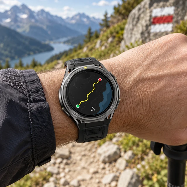 GPS Smartwatches in a representative smartwatch on a hiker wrist beside a marked mountain trail with a simple generic route graphic setting