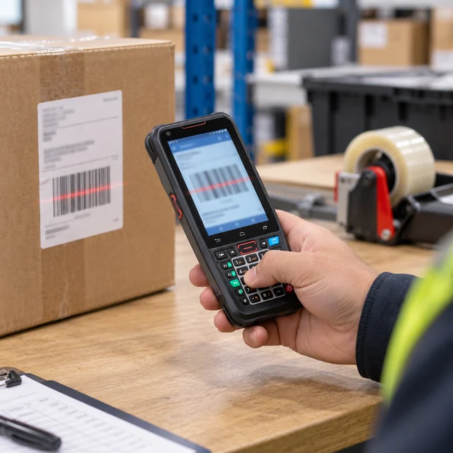 Handheld Barcode Scanners in a representative handheld scanner aimed toward a plain carton label at an organized warehouse packing bench setting