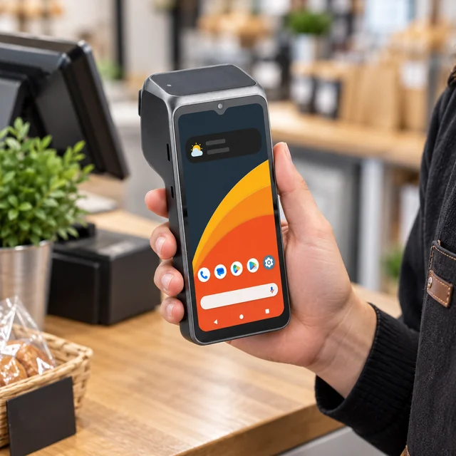 Handheld POS Terminals in a representative handheld POS terminal supported in a retailer hand beside a checkout counter setting