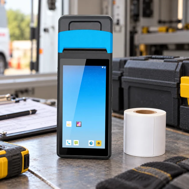 Handheld Printers in a representative portable handheld printer beside a small roll of plain labels on a field service desk setting