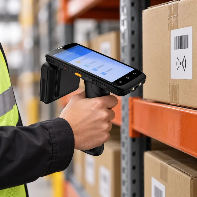 Handheld RFID Readers in a representative handheld RFID reader aimed toward tagged inventory on a warehouse shelf setting