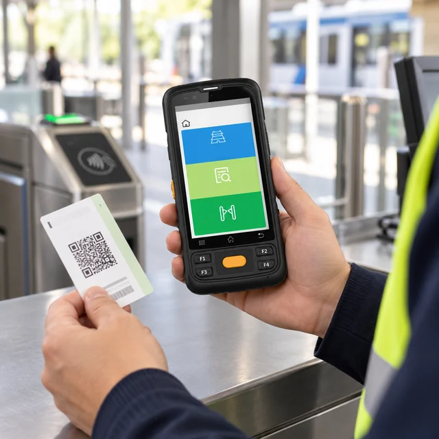 Handheld Ticket Verifiers in a representative handheld verification terminal near a plain sample ticket at a bright transport gate service desk setting